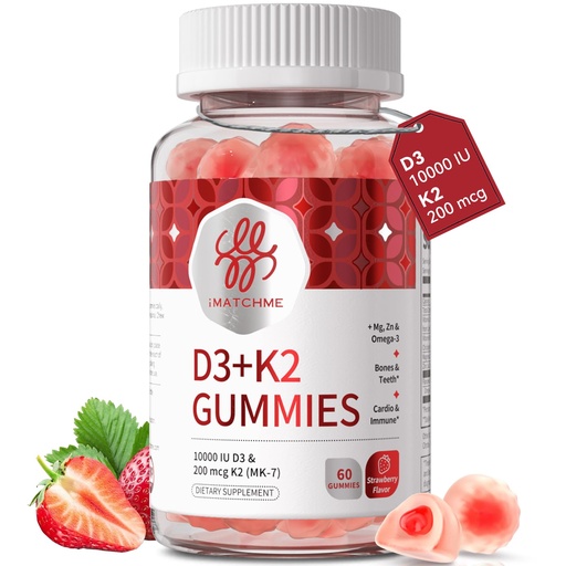 [BRSRGBAECACBEFY7] iMATCHME Vitamin D3 K2 Gummies for Adults, 10000 IU Vitamin D3 + 200 mcg K2 MK-7 with Omega-3, Magnesium & Zinc, Bone, Teeth, Heart & Immune Support, Sugar-Free Vegan, 60 Count(Pack of 1)