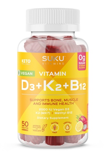 [BRSRE2Y5OJYWCD3K] SUKU Vitamins Vegan D3 + K2 + B12 Sugar-Free & Sugar-Alcohol-Free Keto 2000IU Vitamin D Gummy Supplement for Healthy Bones, Immune Function, Healthy Metabolism, Lemon Dragon Fruit Flavor (50 Gummies)