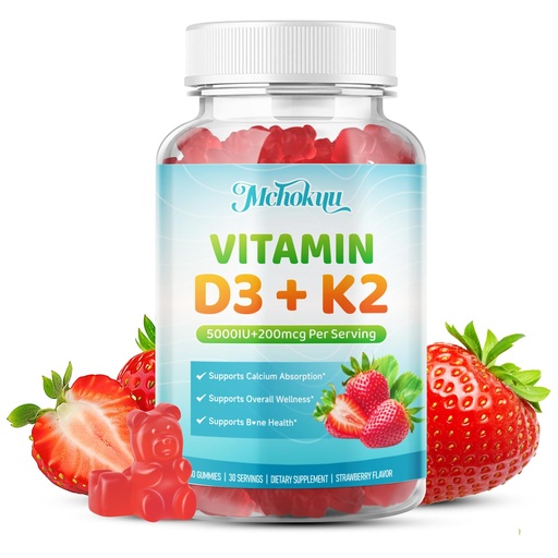 [BRSRGCYNPIFGACLB] Vitamin D3 K2 Gummies with Calcium – Bone & Immune Support, 60 Gummies | D3 5000 IU & K2 200mcg (MK-4 & MK-7), 0 Sugar, Non-GMO, Strawberry. Supports Bone & Calcium Absorption* for Daily Wellness