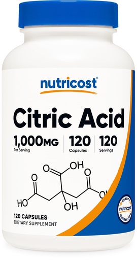 [BRSWYHTRBMJRMAI4] Nutricost Citric Acid 1000mg (1 gram), 120 Capsules - Gluten Free, Non-GMO