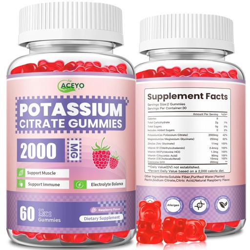 [BRSREHY3BMHWECTL] Potassium Citrate Supplement 2000mg,Potassium Citrate Gummies for Men & Women,Support Muscle &Immune, Vegan, Gluten Free, Sugar Free,Raspberry Flavor,60 Count(Pack of 1