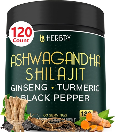 [BRSROBQCDMFQOHT2] 5in1 Ashwagandha Dodatna moč s Shilajit za Stamina, Energy & Relaxation Podpora - Plus Ginseng, Kurkuma Root & Black Pepper - 120 Count