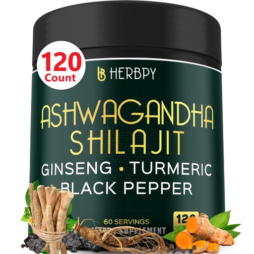 [BRSROBQCDMFQOHT2] Herbpy 5in1 Ashwagandha Extra Strength with Shilajit for Stamina, Energy & Relaxation Support - Plus Ginseng, Turmeric Root & Black Pepper - 120 Count