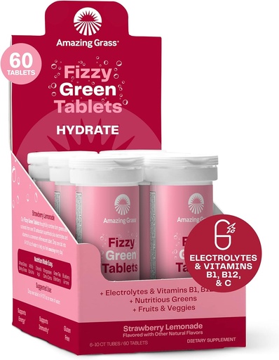 [BRSWG2QBO4AQEG3X] Amazing Grass Electrolyte Tablets, Fizzy Greens Δισκίο Γεύσης Νερού με Βιταμίνες, Hydrate Strawberry Lemonade, 10 Count (Pack of 6) (Packaging May Vary)