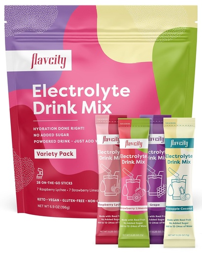 [BRSROZYQBAPBOHIU] FlavCity Electrolytes Drink Mix, Variety Pack, 28 On-The-Go Stick Packs - Υγιή Ηλεκτρολύτες Powder Packets Made with Real Fruit - Keto Powdered Drink with No Added Sugar, Gluten-free