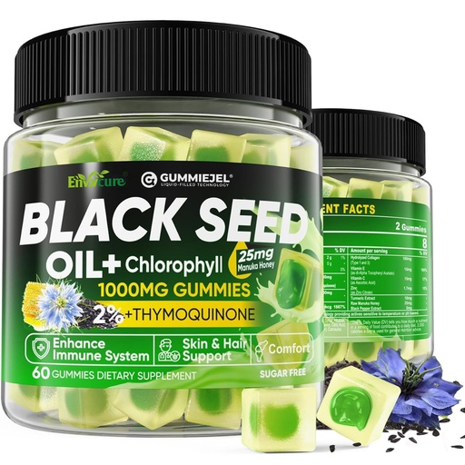 [BRSROZILDN7GYYI2] Black Seed Oil Gummies & Chlorophyll, Biotin 500mcg with Hydrolyzed Collagen, Raw Manuka Honey, Organic Cold Pressed - Ultimate Absorption for Skin, Hair & Nails, Digestive, Overall Health, 1 Pack