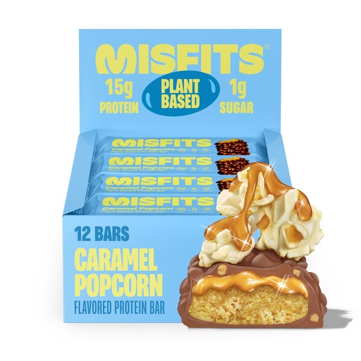 [BRSREGILBANWE3TJ] Misfits Vegan Protein Bars - Sweet & Salty Caramel Popcorn | Nutrition Bars - 15g Protein, 1g Sugar, Plant-based, Low Carb, Non-GMO, Gluten Free Snacks | Pack of 12