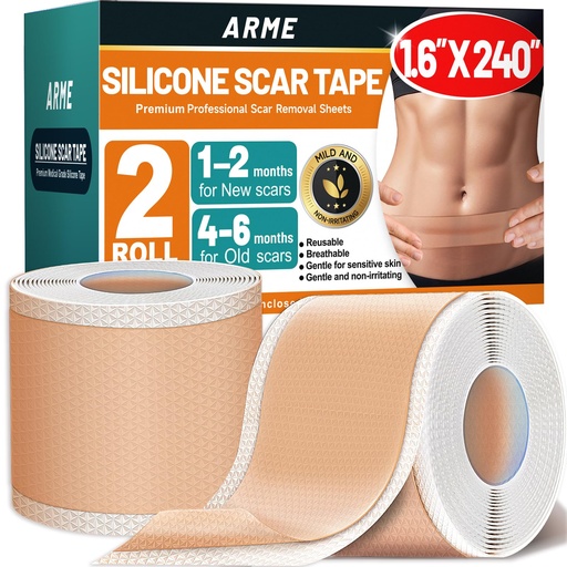 [BRSREFAQB55RMADV] Arme Silicone Scar Tape, Silicone Scar Sheets (2 Rolls- 1.6" x 240"/6M) | Medical Grade Scar Tape Removal Sheets for Surgical Scars, Reusable Scar Removal Strips for Tummy Tuck C-Section Keloid