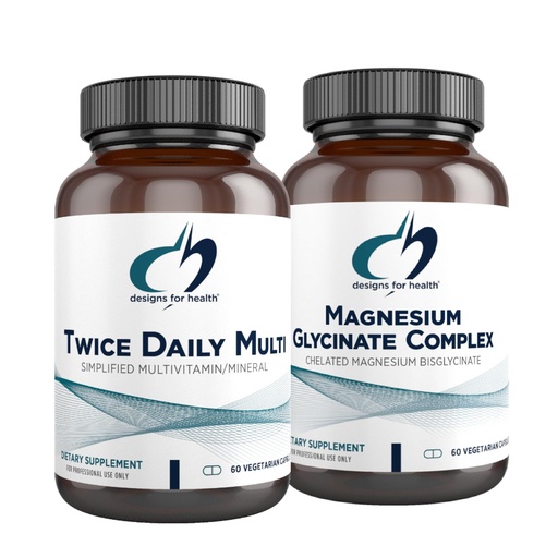 [BRSROGLYBEIR4YDU] Designs for Health Magnesium Glycinate Complex (60 Capsules) & Twice Daily Multi (60 Capsules) Bundle - Premium Multivitamin with Folate & High Absorption Magnesium Supplement
