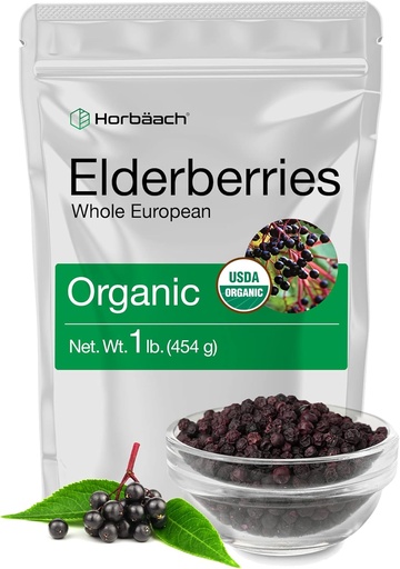 [BRSWYZ33BVYGM3LZ] Horbäach Elderberries Dried Organic | 1 lb Bulk Bag | Whole European | Non-GMO, Gluten Free | Sambucus Nigra