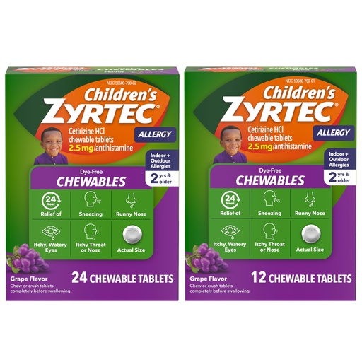 [BRSREFIQAV6GA2Q7] Children's Zyrtec Dye-Free Chewables, Cetirizine HCl, Grape, 24 + 12 Ct | 2.5 mg Cetirizine HCl Tablets, Kids' Chewable Allergy Medicine, Dye-Free, Ages 2+