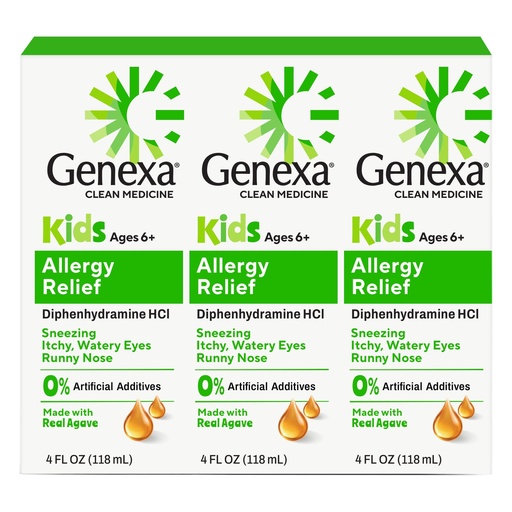 [BRSWYFA5DINR62A2] Genexa Kids Allergy Medicine Made Clean, Agave Flavor, 4 fl oz, 3 Pack | Diphenhydramine HCI Antihistamine, Dye Free, 0% Artificial Additives, Ages 6+, Runny Nose, Sneezing, Vegan & Non-GMO