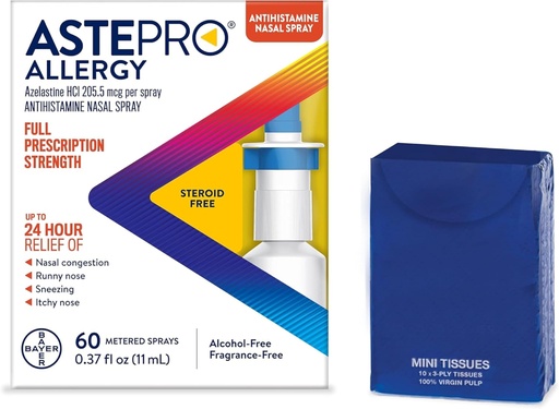 [BRSRAHACBZ6AKEY4] Astepro Nasal Spray and Tissue Bundle, 24-Hour Allergy Relief, Steroid-Free Azelastine HCI, Nasal Congestion, Runny & Itchy Nose, 60 Metered Sprays (Packaging May Vary)
