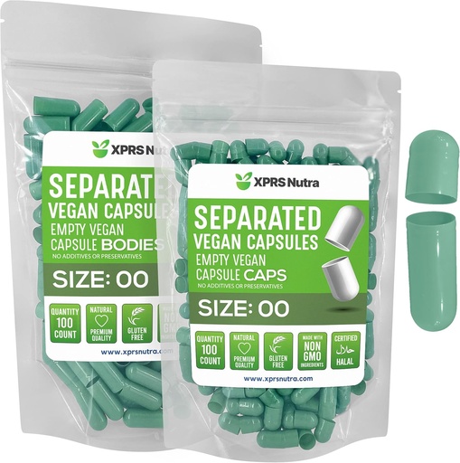 [BRSRMZYLOQHBQGTV] XPRS Nutra Vegan Tamaño 00 cápsulas separadas - 100 cápsulas de vacío premium de cuenta separadas en bolsas - 00 pastillas vacío para relleno de suplemento de bricolaje (verde de sabio)