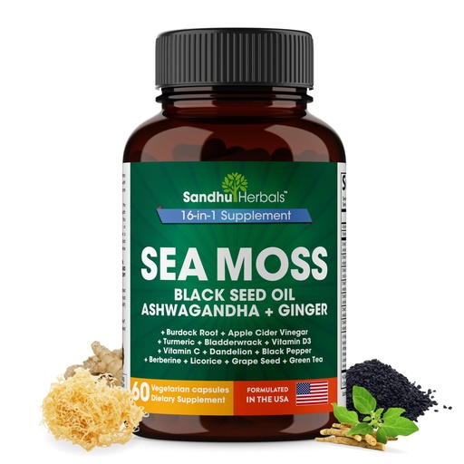 [BRSROBIECN5QAHT3] SANDHUHERBALS Sea Moss Capsules with Black Seed Oil Ashwagandha Ginger Burdock Root | Advanced Seamoss 60 Count | All Men Women Age