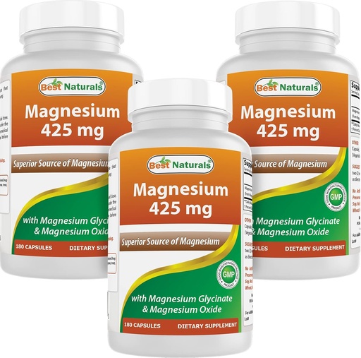 [BRSW2AYRC4FRSG32] Nejlepší naturals Magnesium 425 mg 180 Veggie Kapsle - Vysoká absorpce Glycinát hořečnatý a oxid hořečnatý Chelatovaný, Non- GMO, Gluten volný svalový relax (180 Počet balení po 3)