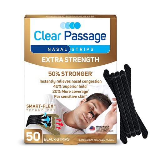 [BRSW2BD7CQFQYF32] Clear Passage Nasal Strips, Black Extra Strength, 50 Count | Works Instantly to Opens Nasal Passages, Improve Sleep, Reduce Snoring, & Relieves Nasal Congestion Due to Colds & Allergies