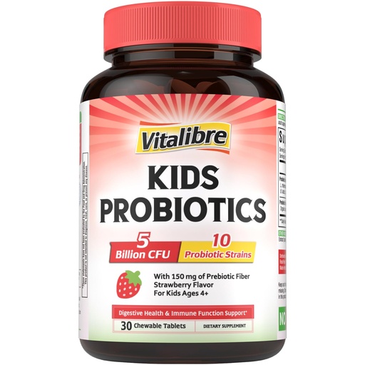 [BRSRGFITOIGQYFA3] Kids Probiotics Chewable, 5 Billion CFU, 10 Probiotic Strains, Ages 4+ | with Prebiotics, Support Digestive & Immune Health, Shelf Stable, No Gluten or Dairy, Strawberry Flavor, 30 Count