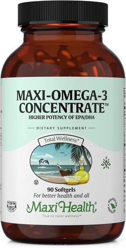 [BRSWIYAKCUOQ2YAV] Maxi Health Omega 3 Supplement - Omega-3 Fish Oil Concentrate - Higher Potency Source of EPA/DHA Fatty Acids - Heart, Brain & Joint Health - Kosher Certified Wild Caught Fish - 90 Vegetarian Softgels