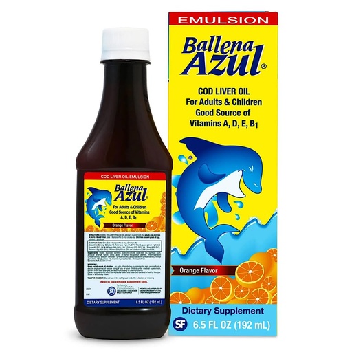 [BRSRMEIZA5YR6AIV] Ballena Azul Aceite de Hígado de Bacalao para Adultos y Niños, COD Liver Oil for Adults and Children, Good Source of Vitamins A,D,E, B1, Omega 3, Orange Flavor