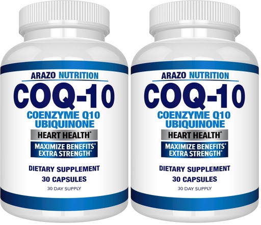 [BRSREAL3AF6GYHY4] Arazo Nutrition CoQ10 Ubiquinone Coenzyme Q10-200mg Maximum Strength Nutritional Supplement - High Absorption Capsules with No Soy (Pack of 2)