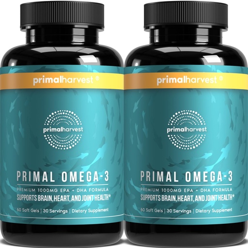 [BRSRMCD7OJ7AKF36] Primal Harvest Omega 3 Fish Oil Supplements, 30 Servings Soft Gels Capsules w/ 1000mg EPA + DHA Supplements, No Fishy Burps Non-GMO Omega 3 Fatty Acid, 2 Pack
