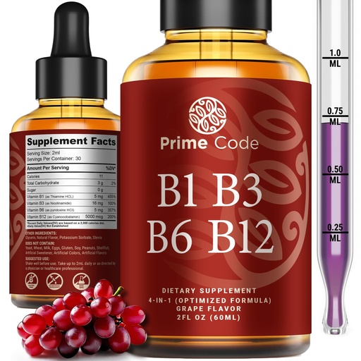 [BRSRAHT7OQNWAALG] Prime Code Liquid Vitamin B1 Drops with Vitamin B3 B6 & B12 | B Complex Liquid Supplement | Thiamine Supplement for Adults | High Absorption | Immune Support | Non-GMO | Gluten-Free