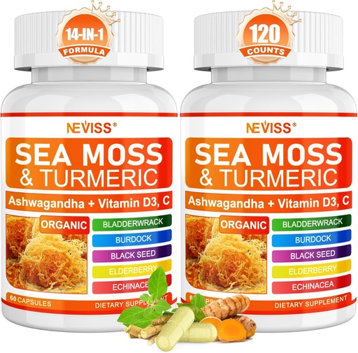 [BRSWYBQ6CF6WYE3U] Sea Moss Capsules - Irish Sea Moss with Turmeric Plus Ashwagandha, Black See Oil, Bladderwrack, Burdock Root,Vitamin C & D3, ACV Chlorophyll 120Cts
