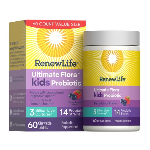 [BRSWIAQKB55B6ETI] Renew Life Ultimate Flora Kids Probiotic Chewables | 60 Chewable Tablets | 14 Strains | Supports Immune Health | Berry Flavor | Soy, Dairy & Gluten Free