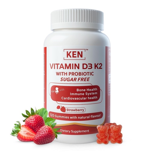 [BRSREFTQC4IAO23X] KEN Kids Vitamin D3 K2 with Probiotics Sugar-Free Gummies 5 Billion CFU | 120 gummies, Supports Calcium Absorption, Bone Support, Gut Balance, Immune Function, Non-GMO, Strawberry flavor