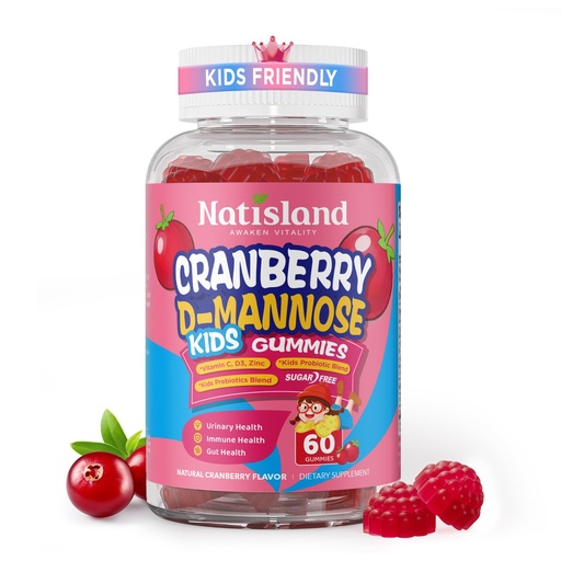 [BRSRGBIEBYIRAGY3] Cranberry & D-Mannose Gummies for Kids 4+, D Mannose with Cranberry Supplement for Urinary Tract Health & Immune Health, with Vitamin C, D3, Zinc, Probiotic & Prebiotic Blend, Sugar-Free, Vegan, 60 Ct
