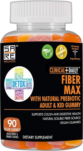 [BRSWGBT4OQFGMCI7] CLINICAL DAILY Fiber Max, Vegan High Fiber Gummies for Adults &amp; Kids. Alivio del estreñimiento para adultos y niños. Prebióticos suplemento de fibra de fibra Gummies. 90 Gummies laxantes libres de gluten para la reparación de Gut
