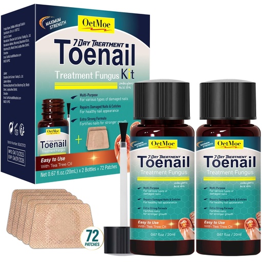 [BRSRYZQQORYQE2D6] Toenail Fungus Treatment Extra Strength Kit, 7 Days Nail Treatment with 25% Undecylenic Acid, 2 Bottles Fungal Nail Solution & 72 Nail Repair Patches for Yellow, Thick, Discolored, Broken Nails