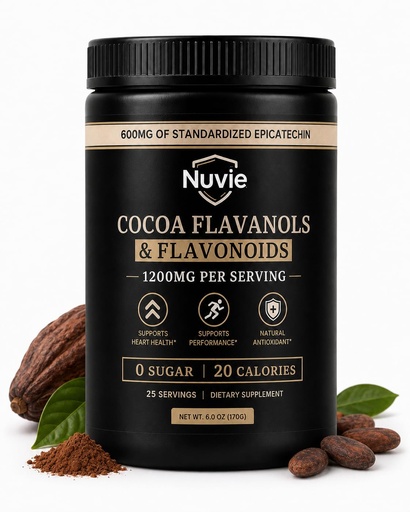 [BRSRYZIRAABB4C3G] Nuvie Cocoa Flavanols & Flavonoids Powder, 1200mg Per Serving with 600mg Standardized Epicatechin, Cocoa Extract Supplement, Antioxidant & Daily Wellness Support, 0 Sugar, 25 Servings