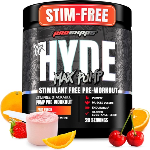 [BRSRAGAOOZ6QEFDV] PROSUPPS Mr. Hyde Max Pump Pre Workout Toz - Stim-Free Preworkout Supports Blood Flow, Muscle Volume & Endurance - Caffeine-Free Nitric oksigen və Fitness Supplements (Fruit Punch, 20 Xidmət)