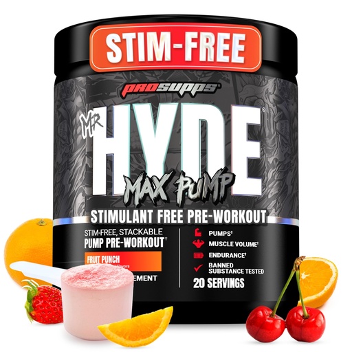 [BRSRAGAOOZ6QEFDV] ProSupps Mr. Hyde Max Pump Pre Workout Powder - Stim-Free Preworkout Supports Blood Flow, Muscle Volume & Endurance - Caffeine-Free Nitric Oxide Gym & Fitness Supplements (Fruit Punch, 20 Servings)