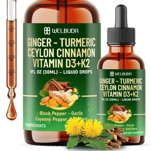 [BRSREFD5OVYWOGT5] 11in1 Ginger Root Supplement with Turmeric, Ceylon Cinnamon, Black Pepper, Cayenne Pepper, Berberine, Vitamin D3, and Vitamin K2 - Support Immune, Energy - 1 FL Oz - 2 Month Supply