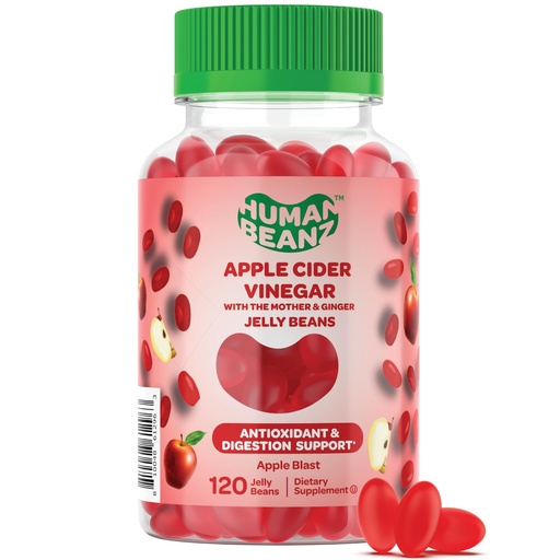 [BRSRMCAPDMCAYAA6] Human Beanz Apple Cider Vinegar Jelly Bean Gummies with the Mother and Ginger, Vegetarian Dietary Supplements for Men and Women, Digestive Health Support, 120 Apple Blast Jelly Beans, Kosher
