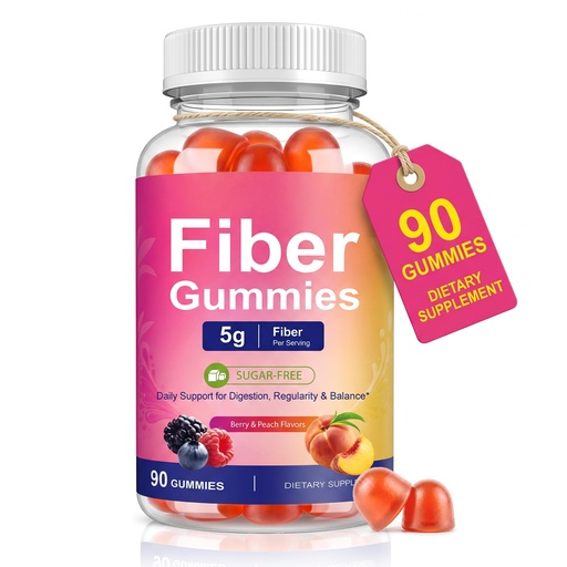 [BRSRGBD5AF6QIYI6] Prebiotic Fiber Gummies for Adults 90 Count, Sugar Free 5g Fiber Supplement | with B Vitamins for Digestive Health, Gut Health & Regularity Support, Mixed Berry & Peach Flavor, Non-GMO Vegan Gluten-Free