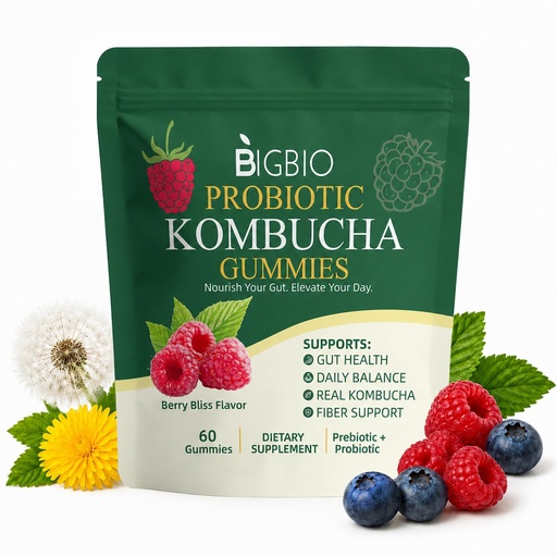 [BRSRGCA5DMHWGDY6] Probiotic Kombucha Gummies, Fiber, Slippery Elm, Dandelion Root, Digestive Balance Support, Men Women, Berry Bliss Flavor, 60 Gummies