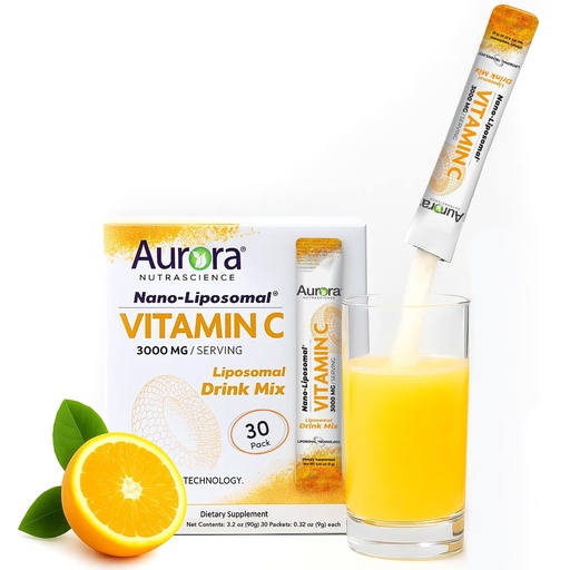 [BRSROC32PICWM2DH] Aurora Nutrascience Nano-Pack Liposomal Vitamin C Powder Drink Mix - Healthy Immune Support for Adults, High Strength 3,000 mg Per Serving, Zero Sugar, - 30 Single Serve Packets, Orange