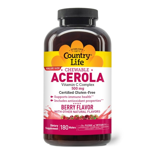 [BRSWIYT3PMCR6ALK] Country Life Acerola Vitamin C Complex, 500mg, Chewable Berry Flavored Wafers, Supports Immune Health, 180 Wafers, Certified Gluten Free by GFCO , Certified Vegan by AVA