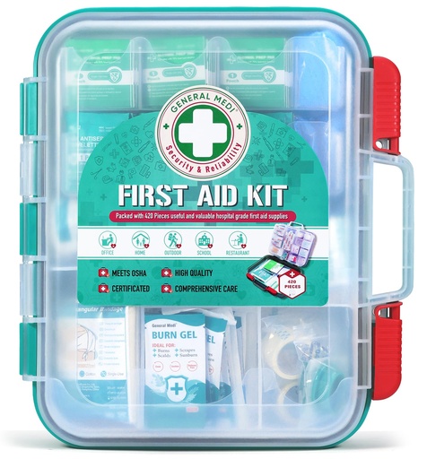 [BRSRMCABOIDRMCT6] General Medi 420 Pieces Professional First Aid Kit - HardCase First Aid Box - Contains Premium Medical Supplies for Travel, Home, Office, Vehicle, Camping, Workplace & Outdoor