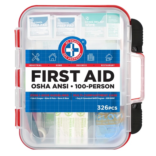 [BRSWIYANCIIGG3Q3] Be Smart Get Prepared First Aid Kit Hard Red Case 326 Pieces Exceeds OSHA and ANSI Guidelines 100 People - Office, Home, Car, School, Emergency, Survival, Camping, Hunting and Sports (20HBC01015REV3)