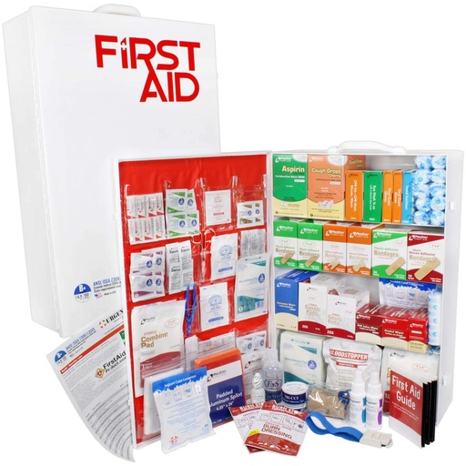 [BRSW2GL4DN7BG2A4] OSHA & ANSI 4 Shelf Industrial First Aid Cabinet with Pocket Liner, 150 Person, 1125 Pieces, Class B+, Types I & II, Made in USA by Urgent First Aid® with Extra Content & NEW ANSI First Aid Guide