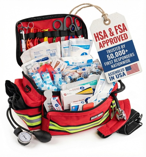 [BRSWYZDYDJ7RACLL] Scherber First Responder Fully-Stocked Professional Essentials EMT/EMS Trauma Kit | HSA/FSA Approved | Reflective Bag w/8 Zippered Pockets & Compartments & 200+ First Aid Supplies - Red