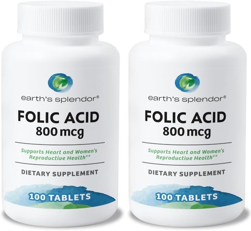 [BRSROBA3CIFRSD3K] Earth's Splendor Folic Acid 800 mcg Supplement, Supports Heart Health, Supports Women's Reproductive Health, Smooth Coated Tablets (800 mcg, 200 Tablets, Pack of 2)