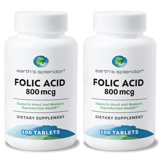 [BRSROBA3CIFRSD3K] Earth's Splendor Folic Acid 800 mcg Supplement, Supports Heart Health, Supports Women's Reproductive Health, Smooth Coated Tablets (800 mcg, 200 Tablets, Pack of 2)