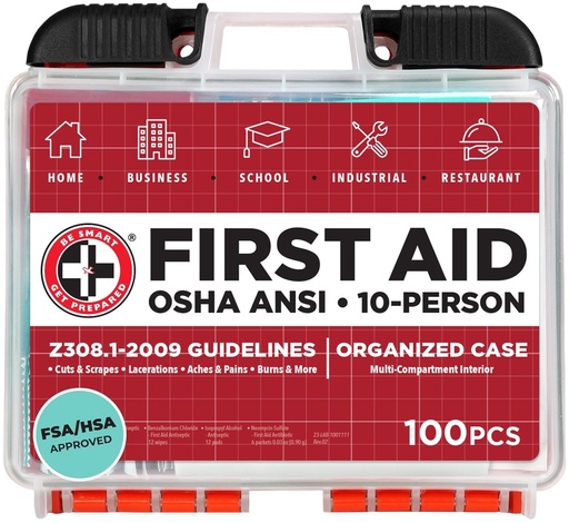 [BRSWIEIQAEIR6CYV] Be Smart Get Prepared OSHA/ANSI First Aid Kit - 10 Person, 100 Pieces - Designed for Home, Business, School, Industrial, and Restaurants - Compact & Portable