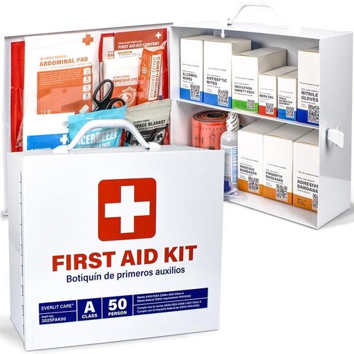 [BRSRGGI3CUCRGEIY] EVERLIT CARE 2-Shelf OSHA-Compliant First Aid Kit, ANSI Class A 50 Person Emergency First Aid Cabinet for Business, Job Site, Industrial Manufacturing Facility, Restaurant, and Kitchen